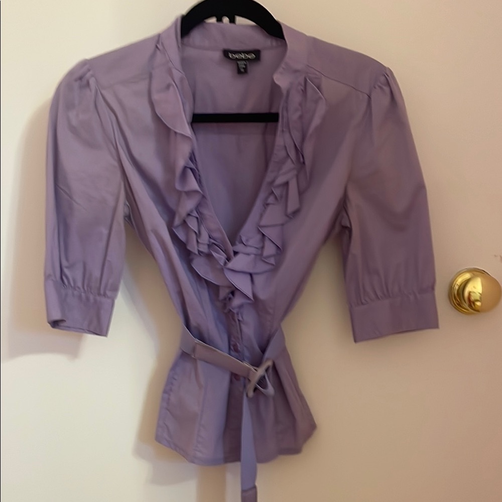 Bebe Purple Puff Sleeve Blouse with Ruffled Tie Front